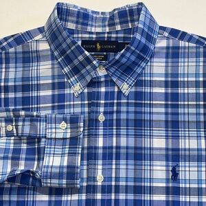 XL Ralph Lauren cotton stretch Blue plaid Button Down Shirt mens LS flaws